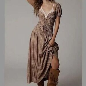 Reformation Brown Gingham Smocked Midi Dress Tie Front Puff Sleeve 4